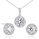 European Style Round Shape White Cubic Zirconia Pendant Earrings Set in Sterling Silver Rhodium Finish