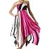 Swirl Design Satin Feel Beaded Halter Smocked Bodice Handkerchief Hem Dress