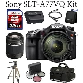 Sony Alpha 77 A77 SLT-A77VQ A77VQ SLTA77 SLTA77VQ 24.3 MP Translucent Mirror Digital SLR With 16-50mm F2.8 lens + Sony SAL-55200-2 55-200mm f/4-5.6 DT AF Zoom Lens + Spare NPFM500H Li-Ion Battery Pack + Deluxe Gadget Bag + 32GB Class 10 Memory Card + Professional Tripod + Card Reader