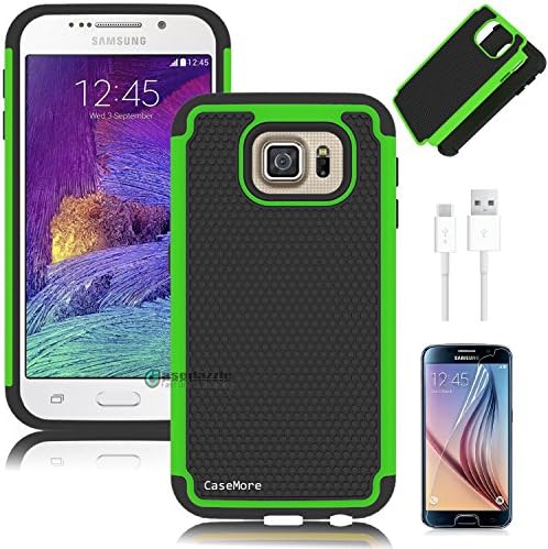 Samsung Galaxy S6 Case + Free Screen Protector + Free Charger Cable + Free Stylus + Microfiber Cleaning Cloth by CaseMore Shock Proof Plastic + Silicon Dual Layer Protective Armor Defender Case - Green