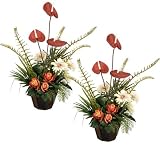 TWO Pre-Potted 29" Artificial Anthurium Rose Mixed Flowers and Plants Arrangement