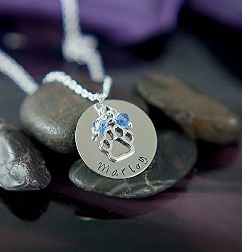 Personalized Paw Print Necklace - DII - Pet Lover Gift - Handstamped Handmade Necklace - 1 Inch 25.4MM Silver Disc - Choose Birthstone Color - Customize Name - Fast 1 Day Shipping
