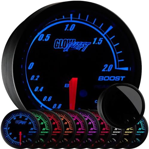 GlowShift Elite 10 Color 2.0 BAR Boost/Vacuum Gauge Kit - Includes Electronic Pressure Sensor - Black Dial - Tinted Lens - Peak Recall Function - for Car & Truck - 2-1/16" 52mm