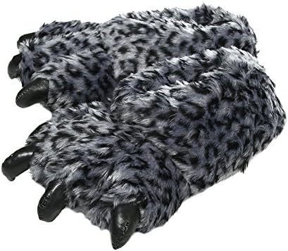 Girls Leopard Print with Plush Claw Warm Slipper Dark Grey 10"