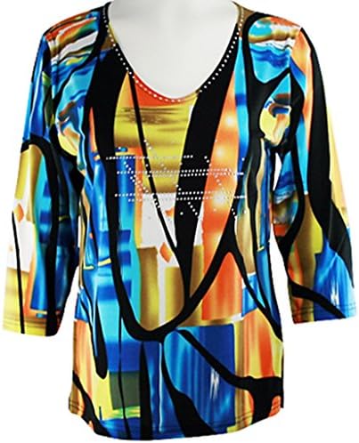 Valentina Signa - Seeing Red Sharkbite Tunic, 3/4 Sleeve, Crew Neck Collar Printed with Rhinestone Highlights, Multi-Colored on a Black Body