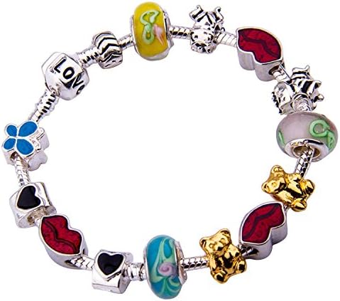 Fun Charm Jewelry Silver Plated Glass Beads Sweet Kiss LOVE Snake Chain Beaded Charm Bracelet Bangles