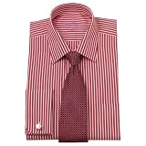 Savile Row Mens Red White Bengal Stripe Non-Iron Classic Fit Shirt French Cuff