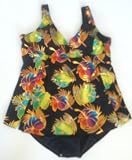 Plus Size Skirt-Front 1PC Swimsuit in Black Foil Floral. Sizes 1X - 2X - 3X