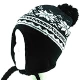 832H Black Chullo Fleece Lined Ski Napa Hat Trooper Trapper with Ear Flaps Winter Knit Beanie Mountaineering Skull Cap Men and Women