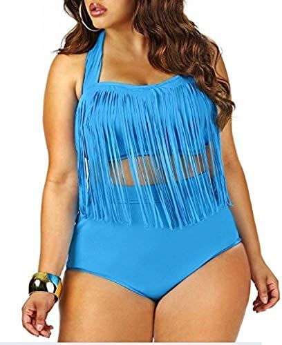 Women's Plus Size Retro Vintage High Waist Braided Fringe Top Bikini Swimsuits