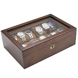 Vintage Wood Watch Box Display Storage Case Chest With Glass Top Holds 10+ Watches With Adjustable Soft Pillows and High Clearance for Larger Watches