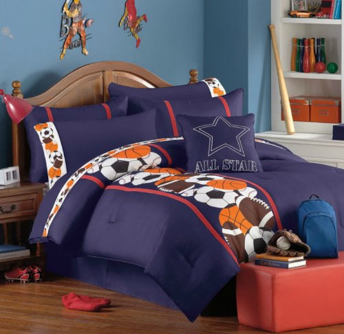 Sports Basketball Baseball Football Teen Boys Full Comforter Set 12 Piece Room In A BagB009P8OFEK 