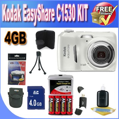 Kodak EasyShare C1530 14 MP Digital Camera with 3x Optical Zoom and 3.0-Inch LCD (White) W/4GB SDHC Memory + Memory Card Wallet + Rechargeable Batteries + Charger + SDHC Card Reader + LCD Screen Protectors + Case + Accessory Saver Bundle!