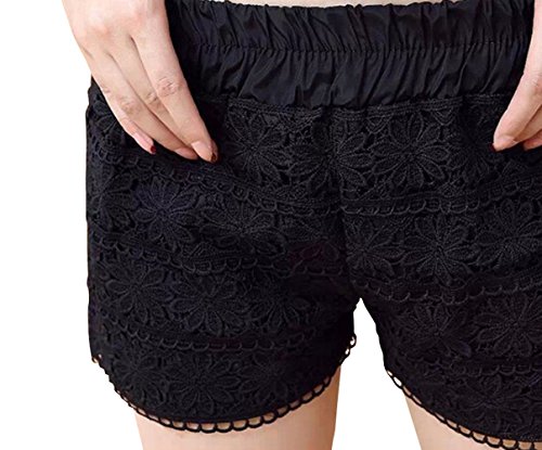 【ARINCO】 フラワー デザイン ウエスト ゴム ショート パンツ シンプル カジュアル スタイル アップ レディース ブラック フルー