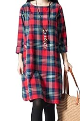 Plaid Print Cotton/Linen 3/4 Sleeves  Dress