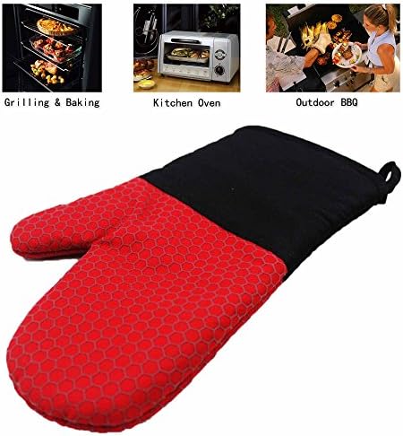 Unikit Red Black Silicone Rid Oven Mitts with Honeycomb Pattern, Comfortable Kitchen Baking, Heat Resistant Non-slip Non-toxic Grilling Outdoor BBQ Microwave Gloves/mittens, 33x19cm Pack of 2