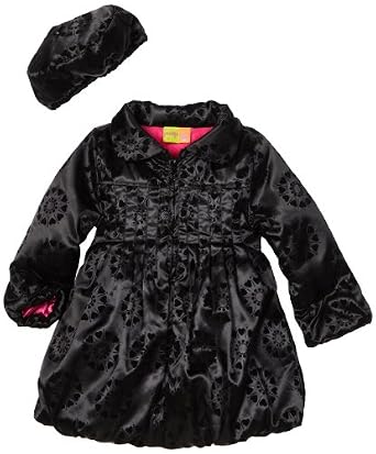 Girls 4-6x Flocked Black Satin Puffer Coat With Hat