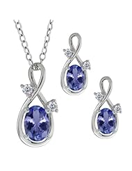 1.73 Ct Oval Blue Tanzanite Gemstone 18k White Gold Pendant Earrings Set