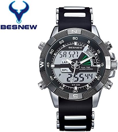 BESNEW Men Sports Watch 3ATM Waterproof Multifunction Quartz Digital LED Backlight Watches (Black)