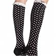 5568 Acrylic Polka Dot Knee Socks w/Eyelet Ruffle & Bow, Black/Pink, One Size