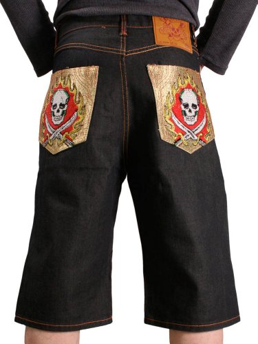 Ed Hardy Christian Audigier Rhinestone Skull Men's Denim Jean Shorts