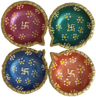 Diwali Decorations & Gifts a Set of 4 Beautiful Round Swastik Diyas Handmade, Painted & Decorated.