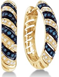10K White Gold Channel Set Round White and Blue Diamond Hoop Earrings - (1/2 cttw)