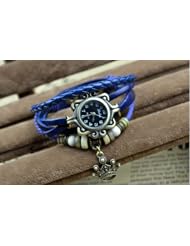 KANO BAK(TM) Fashion Weave Wrap Around Press Button Leather Retro Bracelet Woman Girl Man Royal King Crown Wrist Gift Watch Blue