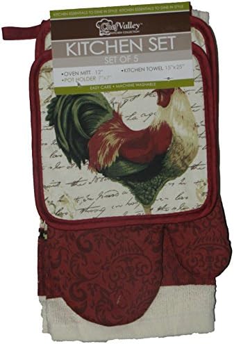 5 Pcs, Rooster Farm Design, 100% Cotton, 2 Kitchen Towel, 1 Oven Mitt, 2 Pot Holder