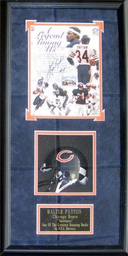 Walter Payton Autographed/Hand Signed Framed 8x10 Photo w/ Unsigned Chicago Bears Mini Helmet Shadow