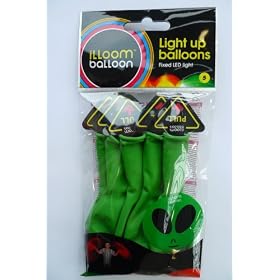 Alien Face LED LIGHT UP Green 9 Inch Illoom Balloons - Pack of 5