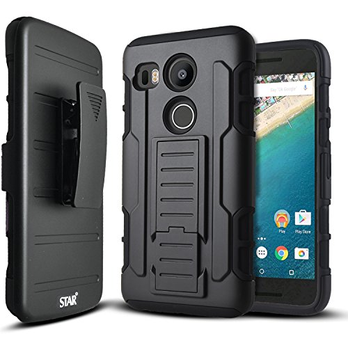 Nexus 5X Case, Starshop [Heavy Duty] Dual Layers Kickstand Case With [0.33m 9H Tempered Glass Screen Protector Included] and Locking Belt Clip (Black)