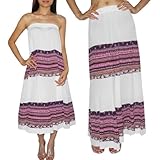 Womens Thai Boho Flowing Gathered / Smocked Bodice Crinkle Summer Dress / Skirt - White & Purple (Size: one size)