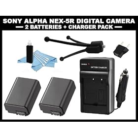 Digital Camera Accessory Pack for Sony Alpha NEX-5R (x2 Sony NPFW50 Replacement lithium-ion battery pack + Sony NPFW50 Replacement Battery Charger + 6 Mini Tripod + Bonus Items)