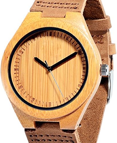 Affute Hademade Mens Bamboo Wooden Watch Genuine Brown Leather Strap Quartz Analog with Quality Miyota Movement Box Packing