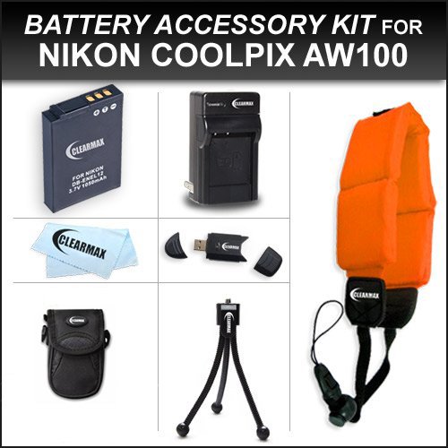 Clearmax® Must Have Accessory Kit for Nikon Coolpix AW100 Waterproof Digital Camera Includes Extended Replacement EN-EL12 Battery + Ac/dc Travel Charger + USB 2.0 Card Reader + Deluxe Camera Case + Mini Tabletop Tripod + Floating Strap + Microfiber Cleaning Cloth