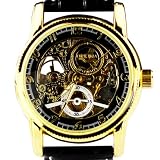 Orkina Mens Transparent Tourbillon Mechanical Dial Quartz Black Leather Strap Wrist Watch MG016BB