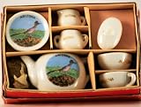 1950s - Post War Produced - Arizona State Toy Porcelain Miniature Tea Set - Service for Two - With Roadrunner Bird on Plates & Tea Pot - Arizona Gilt in Gold on Cups - Very Rare - Out of Production - Mint - Very Collectible - New