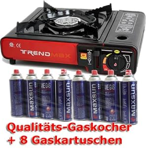 Camping Kocher + 8 Gaskartuschen Gaskocher mit Tragekoffer Campingkocher