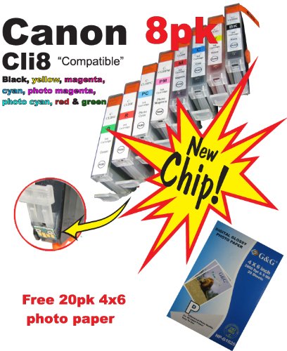 8pk new non OEM Canon CLI 8 B,y,c,m,pc,pm,r,g Ink Cartridge WITH CHIP! For Pixma PIXMA Pro9000 and Pro9000 Mark II. Plus FREE 20pk 4x6 photo paper.