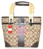 AUTHENTIC COACH HERITAGE STRIPE MEDIUM TOTE BAG - 11349 (Khaki/Brown)