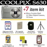 Nikon Coolpix S630 12MP Digital Camera (Titanium Silver) With The Ultimate Coolpix Accessory Kit Package Includes 8GB Memory + Extra EN-EL12 Battery + Gripster Tripod + Slim Hard Case + More