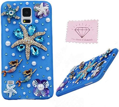 Samsung S5 Case, Charm Of Diamonds Luxury Handmade 3D Sea Stars Unique DIY Phone Case For Samsung Galaxy S5 i9600 Rhinestone Diamond Bling Back Cover Protective Skin (Clear Blue) +Clean Cloth