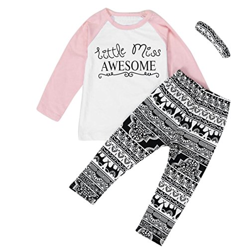 Efaster Baby Girl Clothes Little Miss AWESOME Pattern T-shirt Pants Headband Set