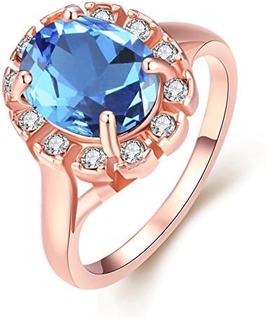 BlueVega Woman's Rose Gold Colorful Big Round Diamond Small White Diamonds Fashion Party Rings,Blue-Size 7