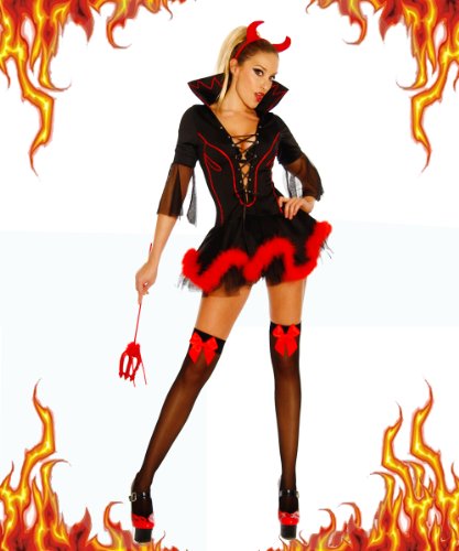 LH-Dessous – 11039 “BIG SET” Größe S-M. Sehr hochwertiges 3-teiliges Teufelskostüm, bestehend aus einem Petticoat-Kleid mit Stehkragen und Marabou-Federn, Hörnern und einem Dreizack