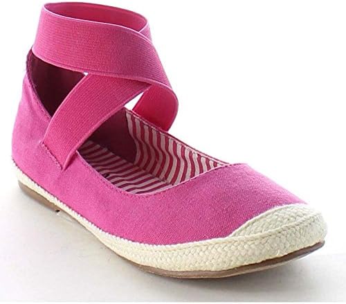 DOTTY BA67 Children Girls Round Toe Elastic Criss Cross Ankle Strap Ballet Flat, Color:FUCHSIA, Size:4 M US Big Kid