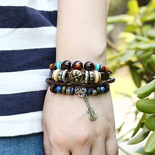 Goloy Metal Silvery Guitar Pendant Multi-Strand Leather Various Shapes Beads Adjustable Bracelet