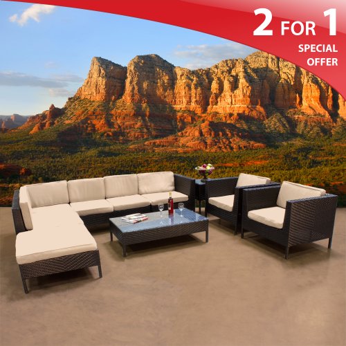 Rio Modern Outdoor Patio Wicker Sectional Furniture 9 Piece Set Sand
