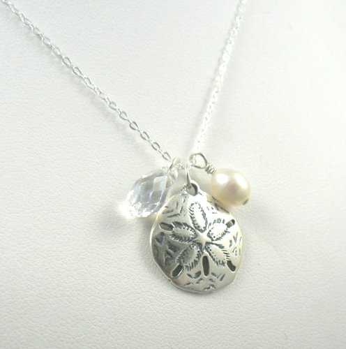 Sea Shore Cluster Charm Necklace Sanddollar Charm Pearl Crystal Ocean Theme Jewelry